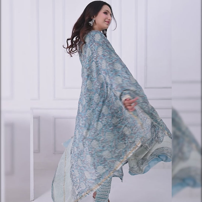 HAND BLOCK PRINT CHANDERI SILK SUIT SET WITH PREMIUM CHANDERI DUPATTA (CHDYS39)