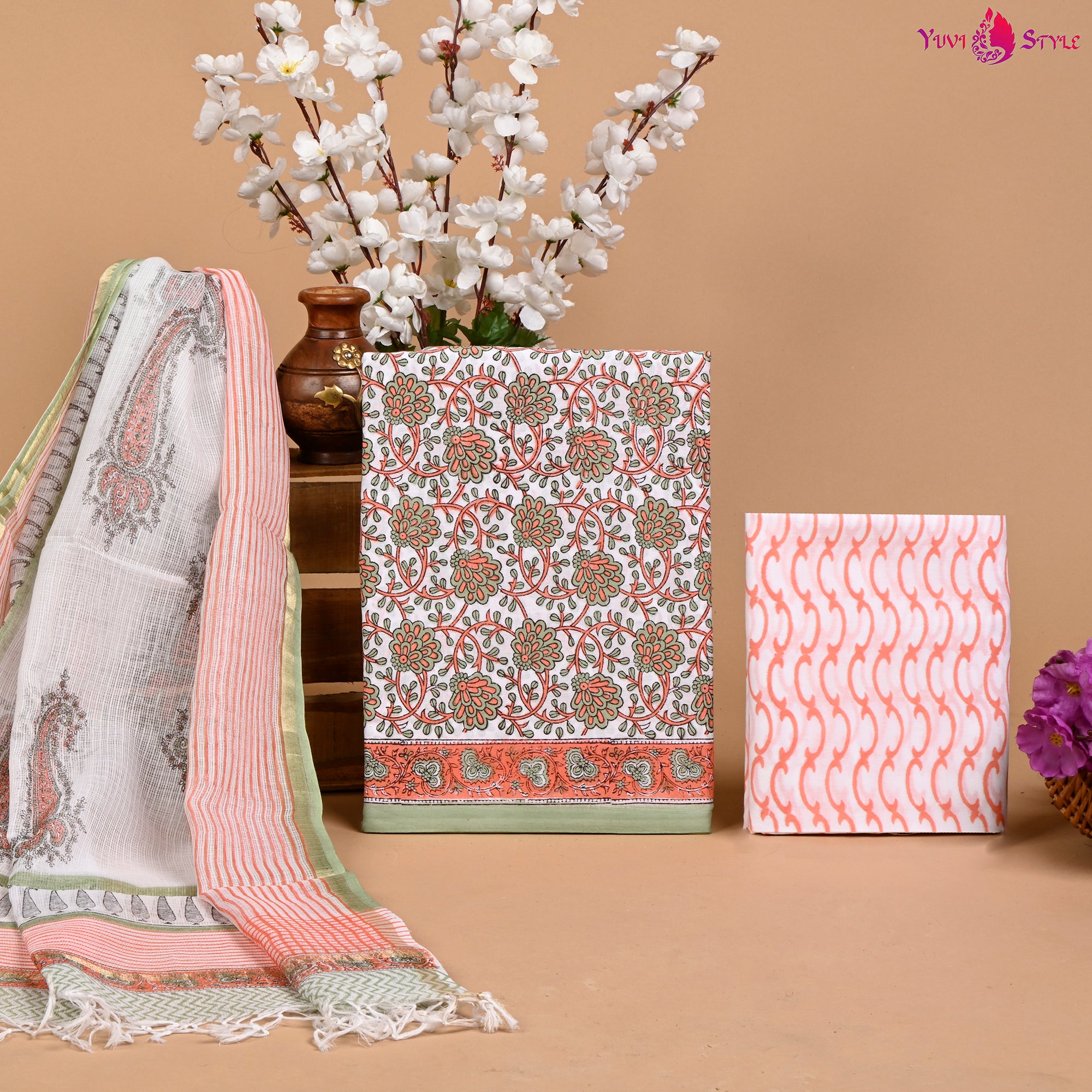 DESIGNER HAND BLOCK PRINT PURE COTTON SUIT MATERIAL WITH KOTA DORIA DUPATTA (3CKDYS19)