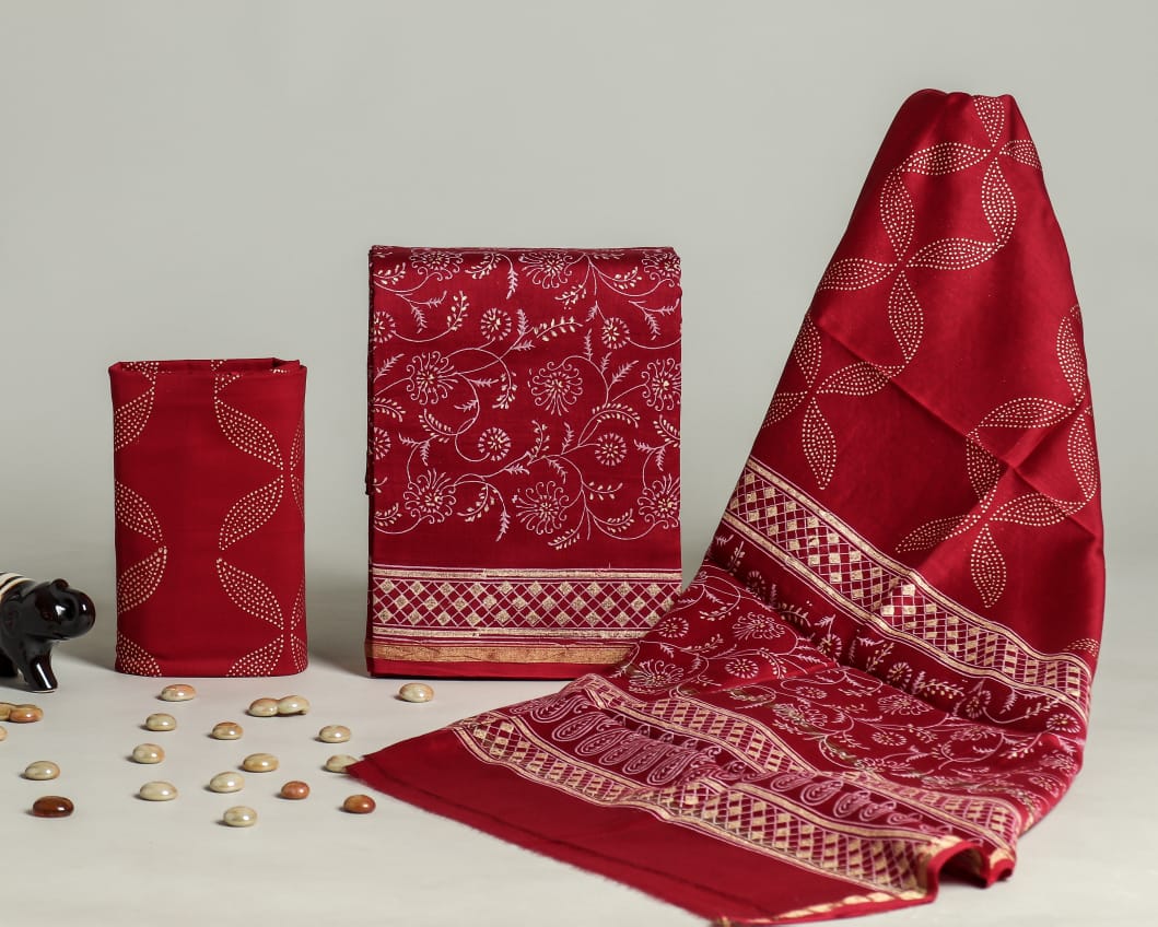 ELEGANT HAND BLOCK CHANDERI SILK SUIT SET WITH CHANDERI DUPATTA (CHDYS151)