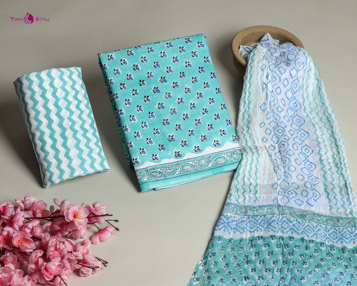 YUVI STYLE HAND BLOCK PRINT PURE COTTON SUIT WITH CHIFFION DUPTTA (PCHFYS120)