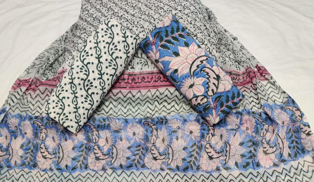 Designer Hand Block Print Pure Cotton Suit with Chiffon Dupatta (PCHFYS07)