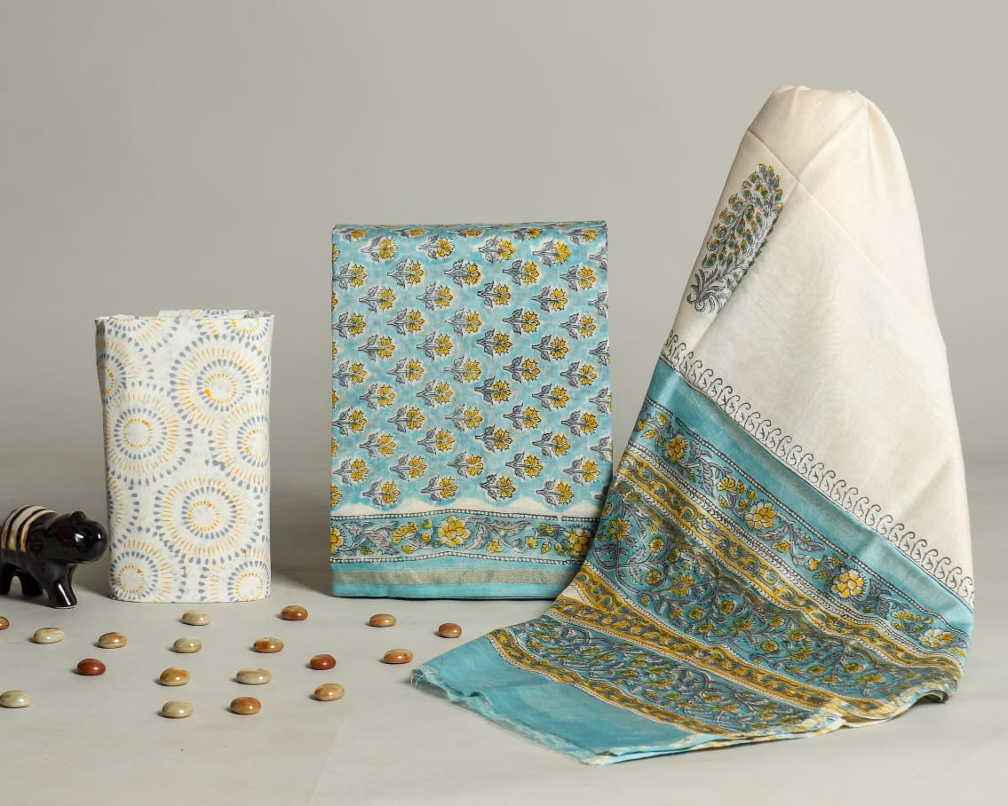 TRADITIONAL HAND BLOCK AJRAK PRINT CHANDERI SILK SUIT SET WITH CHANDERI DUPATTA (CHDYS95)