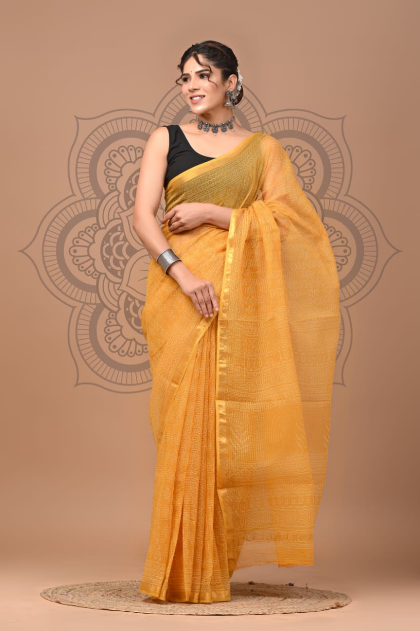 Designer Hand Block Printed Kota Doria Silk Saree(KDSYS12)