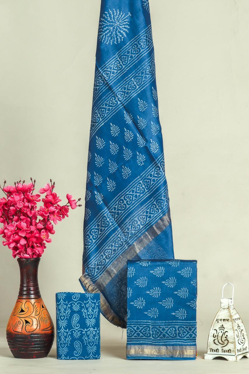Designer Hand Block Print Maheshwari Silk Suit Set (MSLYS18)
