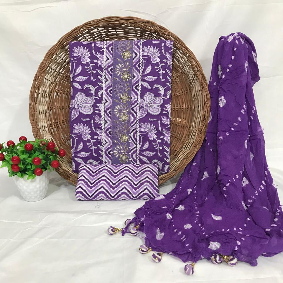 JAIPURI PRINTED COTTON HAND WORK SUITS WITH  BANDHEJ DUPATTA (GOTAYS88)