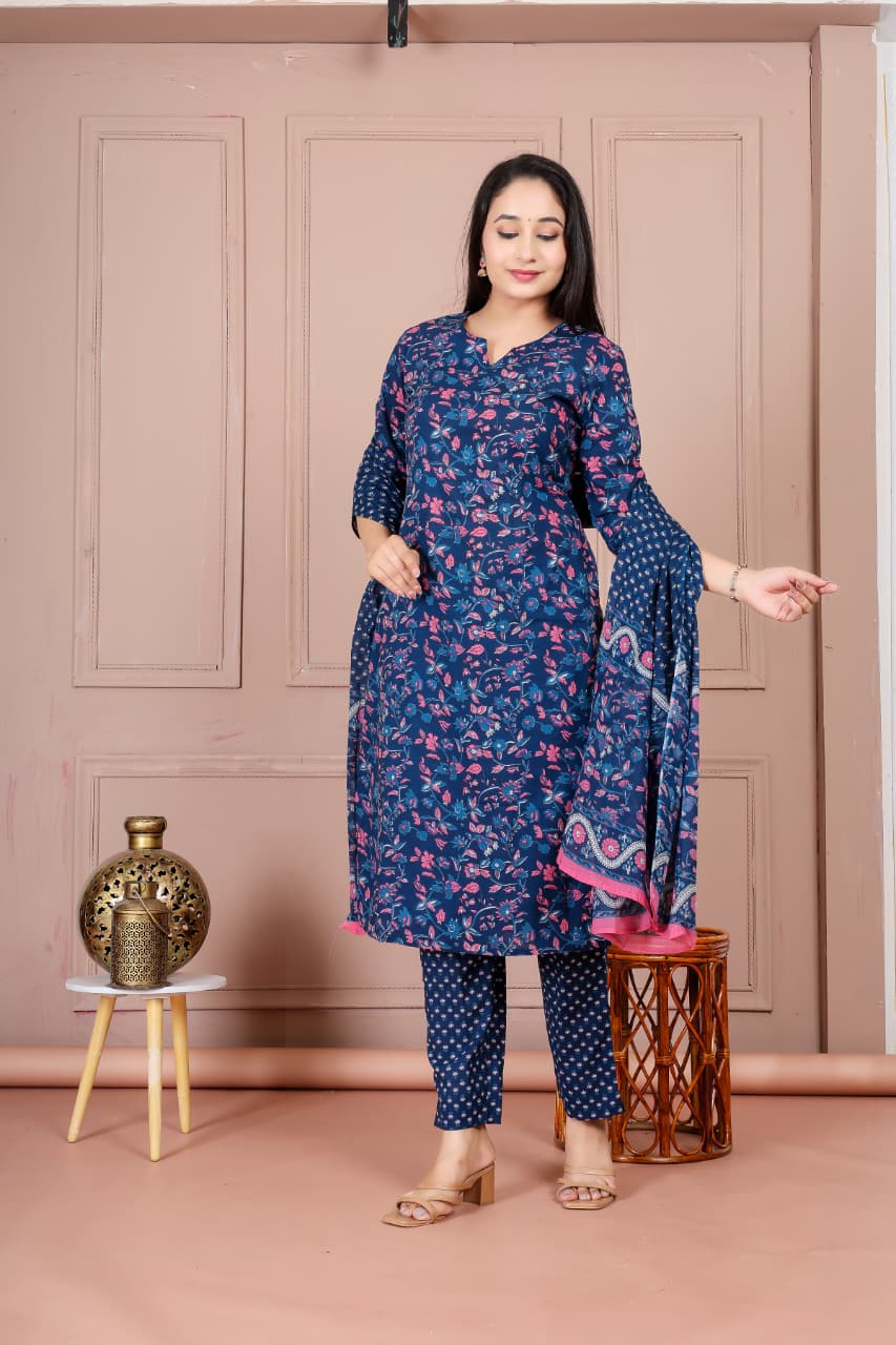 Flower print cotton suit with mulmul dupatta (CSSYS11)