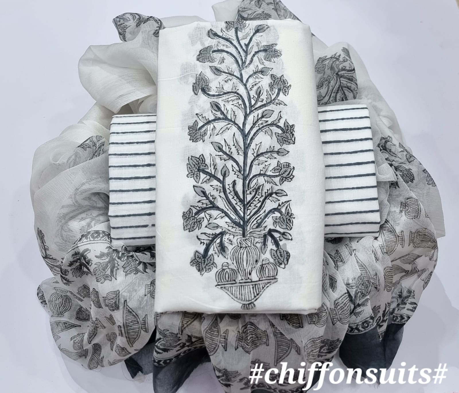 Yuvi Style HAND BLOCK PRINT PURE COTTON SUIT WITH CHIFFION DUPTTA (PCHFY81)