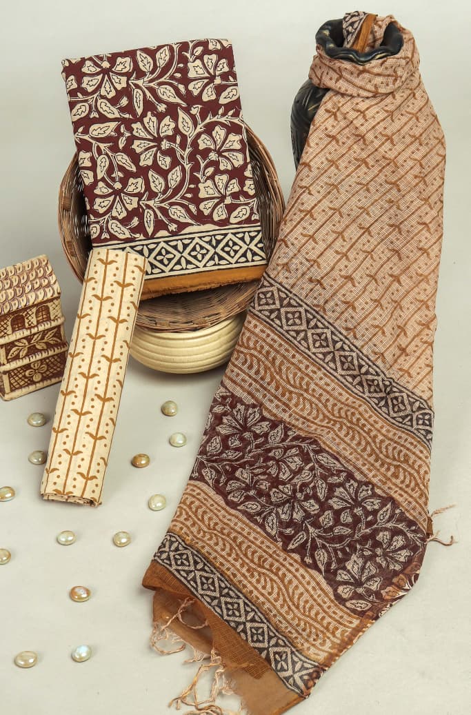 DESIGNER HAND BLOCK PRINT COTTON SUIT WITH KOTA DORIA DUPATTA (3CKDYS22)