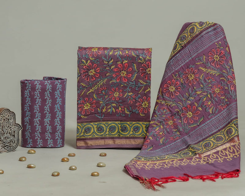 Designer Hand Block Chanderi Silk Suit set with  Chanderi Dupatta (CHDYS129)