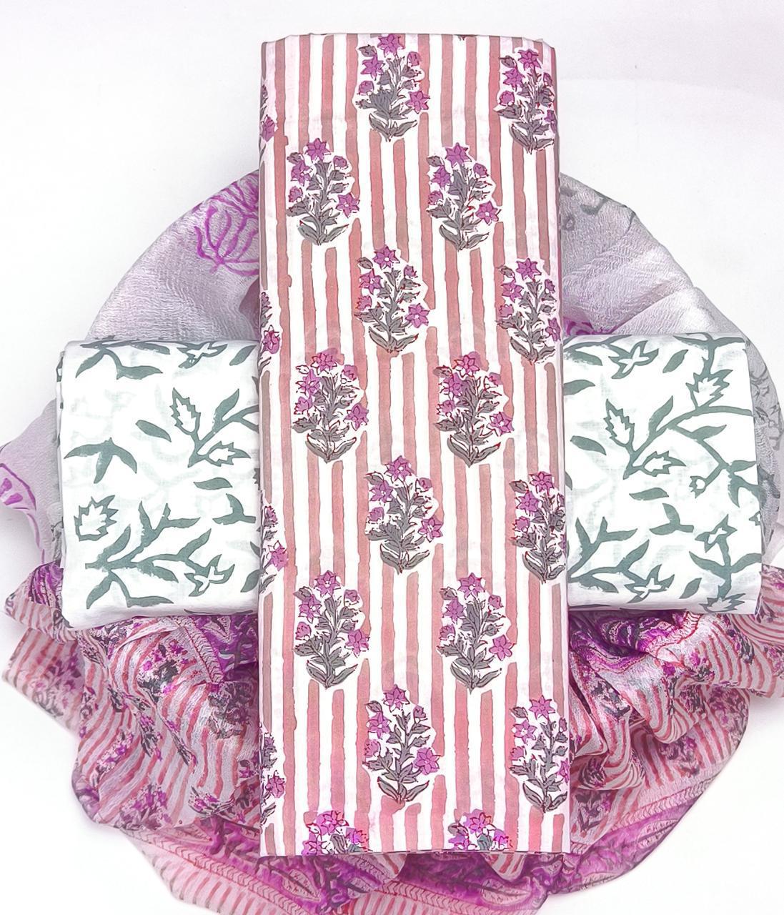 YUVI STYLE HAND BLOCK PRINT PURE COTTON SUIT WITH CHIFFION DUPTTA (PCHFYS116)