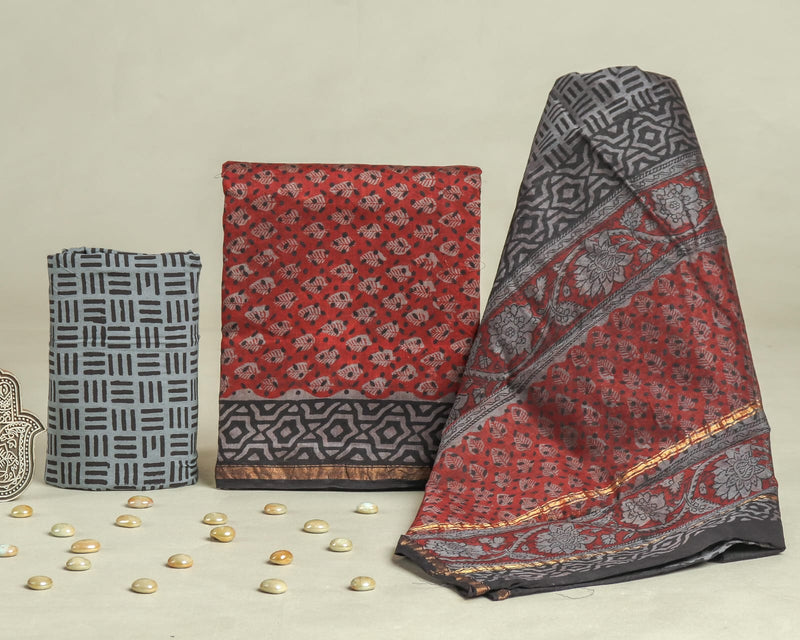 YUVI STYLE HAND PRINTED CHANDERI SILK SUIT SET WITH CHANDERI DUPATTA (CHDYS229)