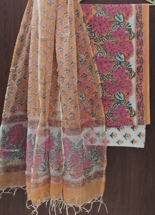 Designer Hand Block Print Pure Cotton Suit Material with Kota Doria Dupatta (3CKDYS18)