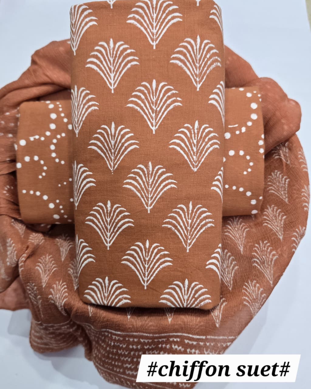 DESIGNER HAND BLOCK PRINT PURE COTTON SUIT WITH CHIFFON DUPATTA (PCHFYS141)