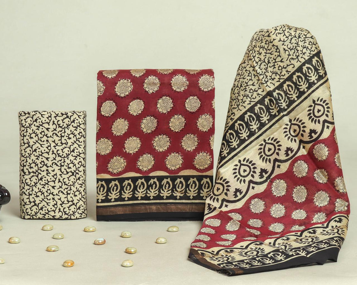 TRADITIONAL HAND BLOCK CHANDERI SILK SUIT SET WITH CHANDERI DUPATTA (CHDYS119)