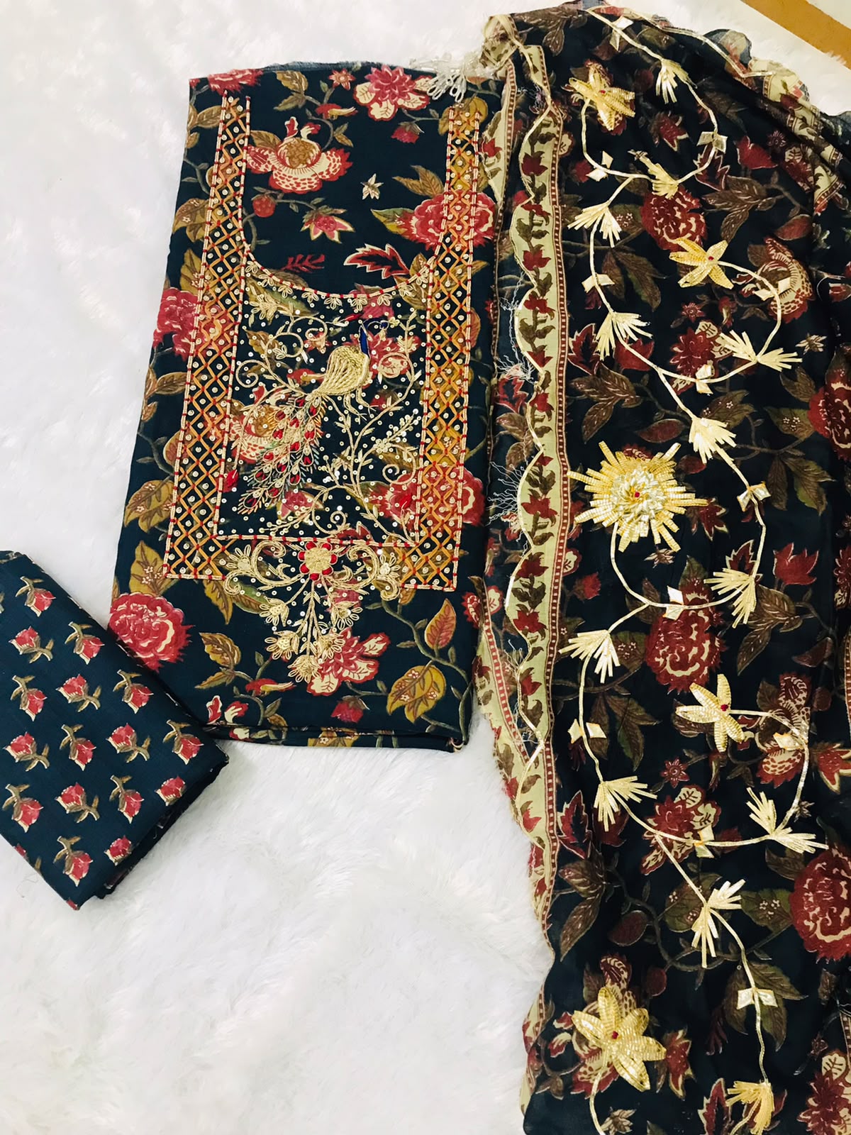EXCLUSIVE HAND BLOCK PRINT PURE COTTON SUIT WITH ZARDOGI HANDWORK (GOTAYS100)