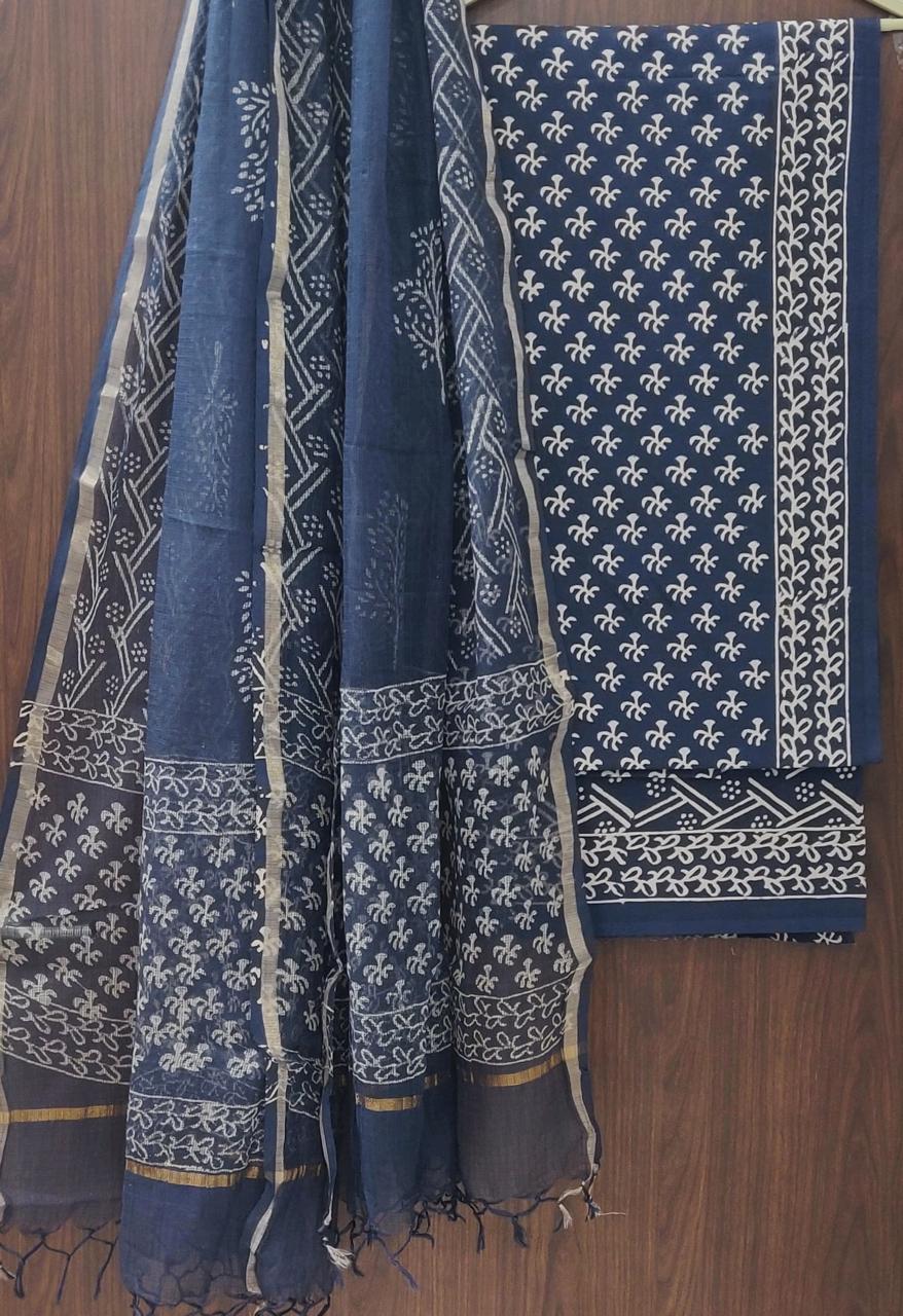 FLORAL HAND BLOCK PRINT PURE COTTON SUIT WITH DORIA DUPATTA(3CKDYS274)