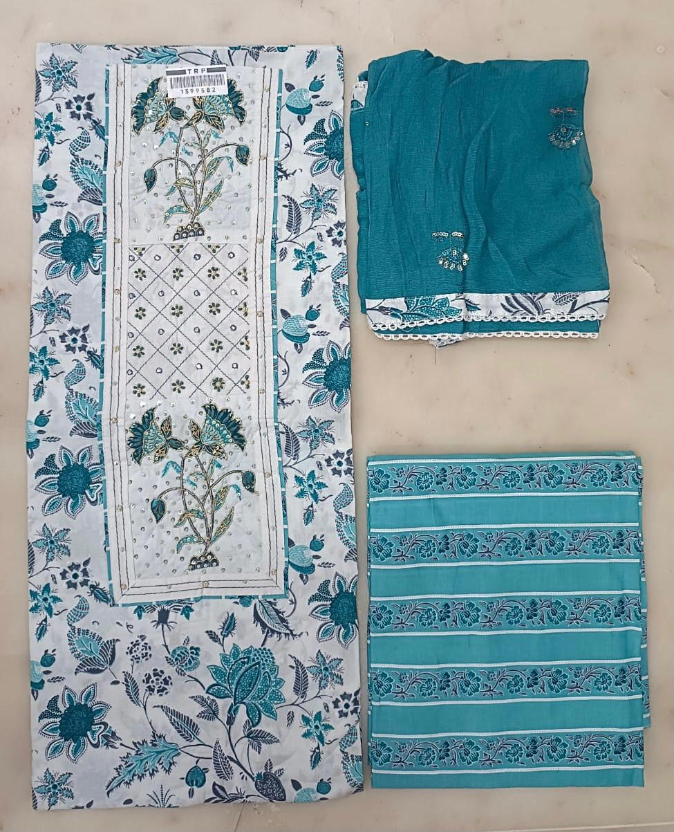 SANGANERI PRINT COTTON SUIT MATERIAL WITH CHIFFION DUPATTA NECK WORK (GOTAYS155)