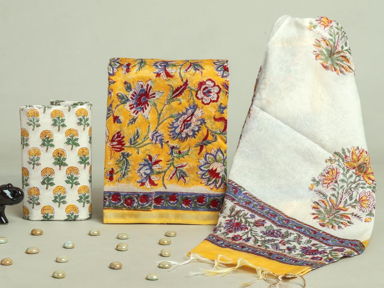 EXCLUSIVE HAND BLOCK CHANDERI SILK SUIT SET WITH  CHANDERI DUPATTA (CHDYS103)