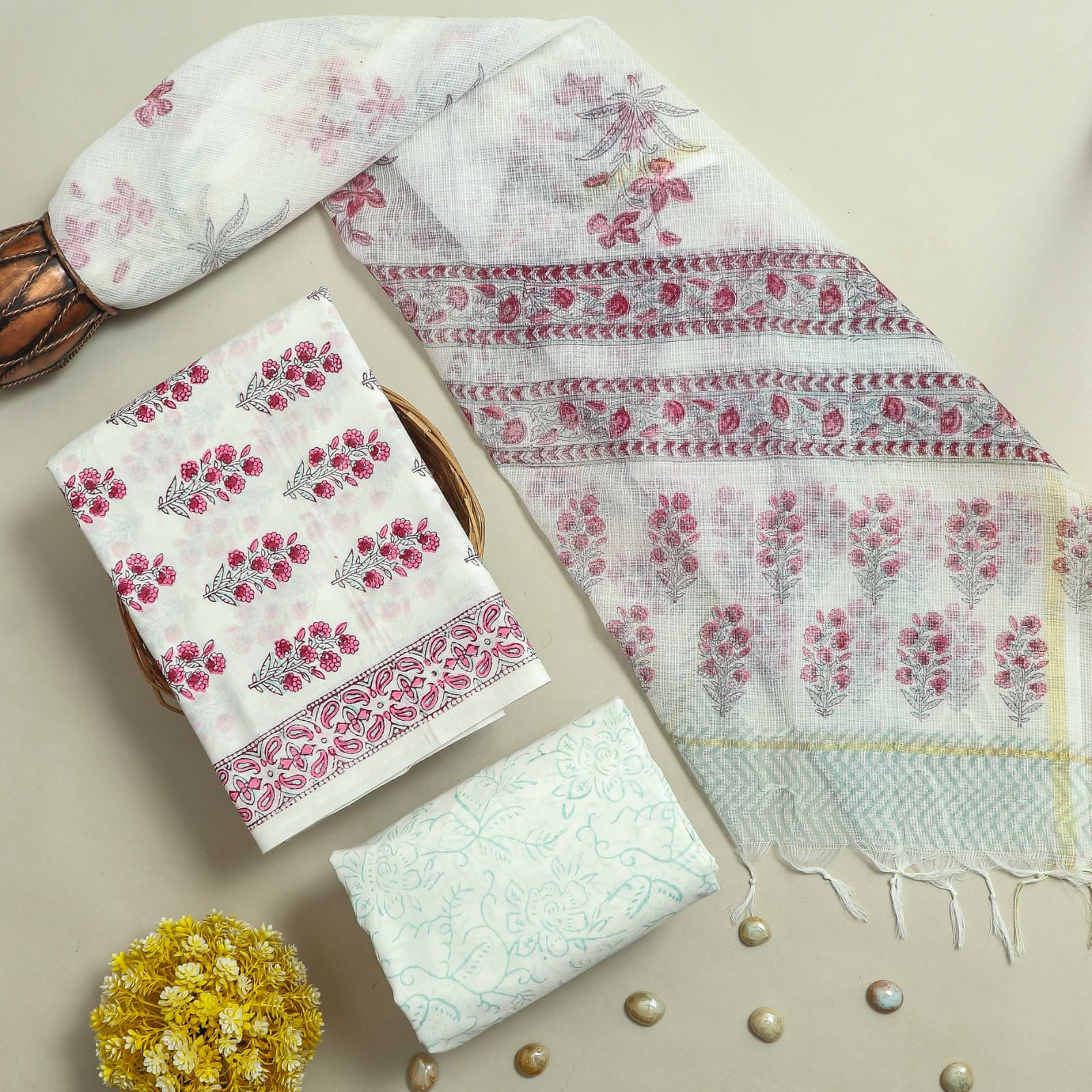 Designer Hand Block Print Pure Cotton Suit Material with Kota Doria Dupatta (3CKDYS06)