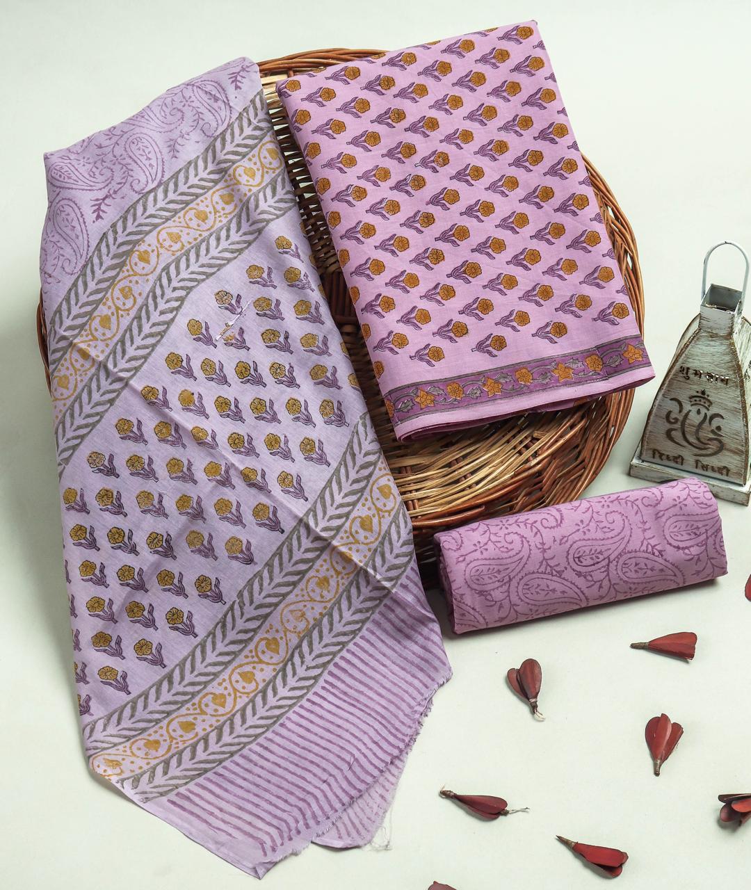 Floral Jaal Hand Block Print Cotton Suit Set with Mulmul Dupatta (MALYS292)