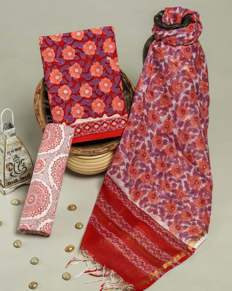 TRADITIONAL HAND HAND BLOCK PURE COTTON SUIT WITH KOTA DORIA DUPATTA (3CKDYS241)
