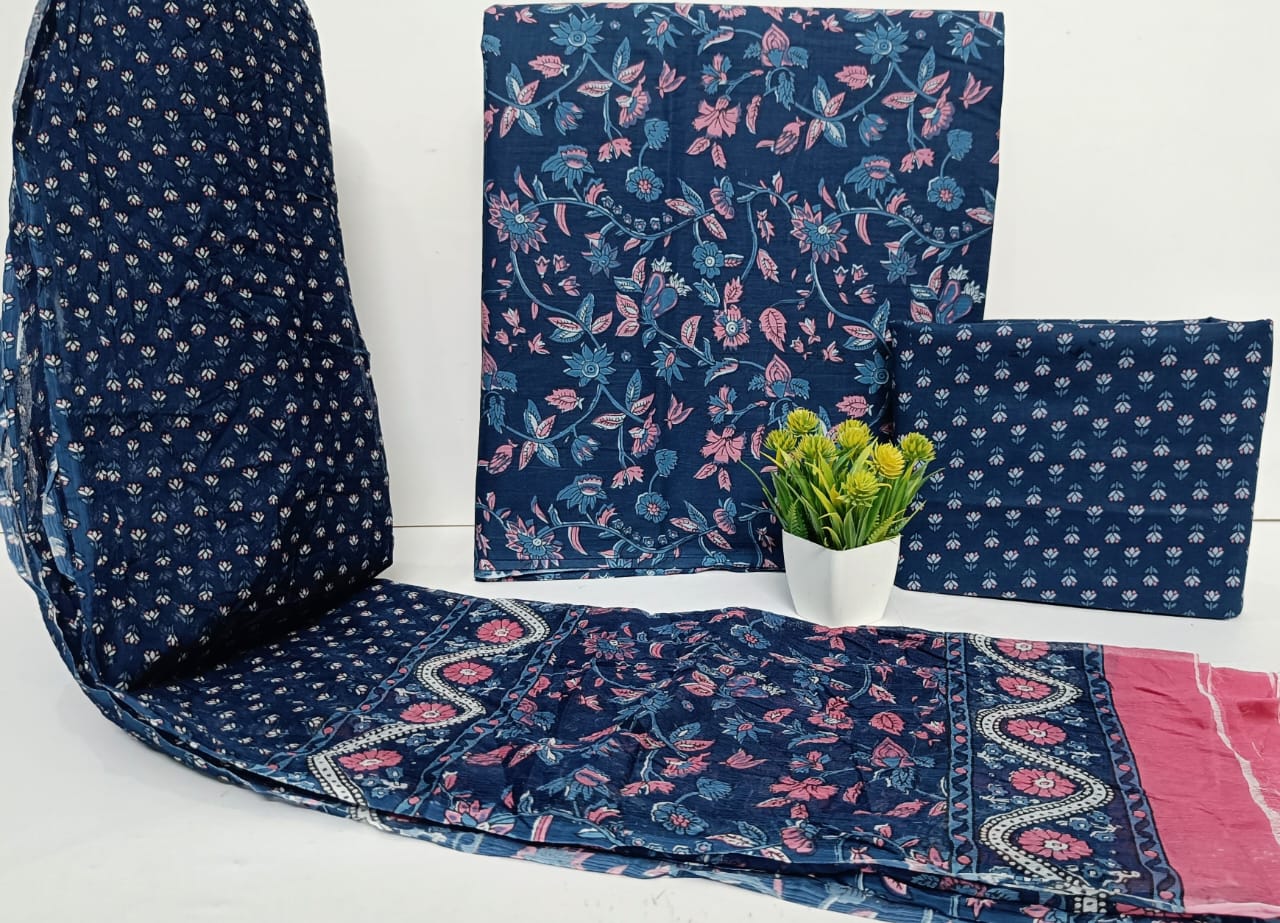 TRADITIONAL HAND BLOCK PRINT PURE COTTON SUIT WITH CHIFFION DUPTTA (PCHFYS133)