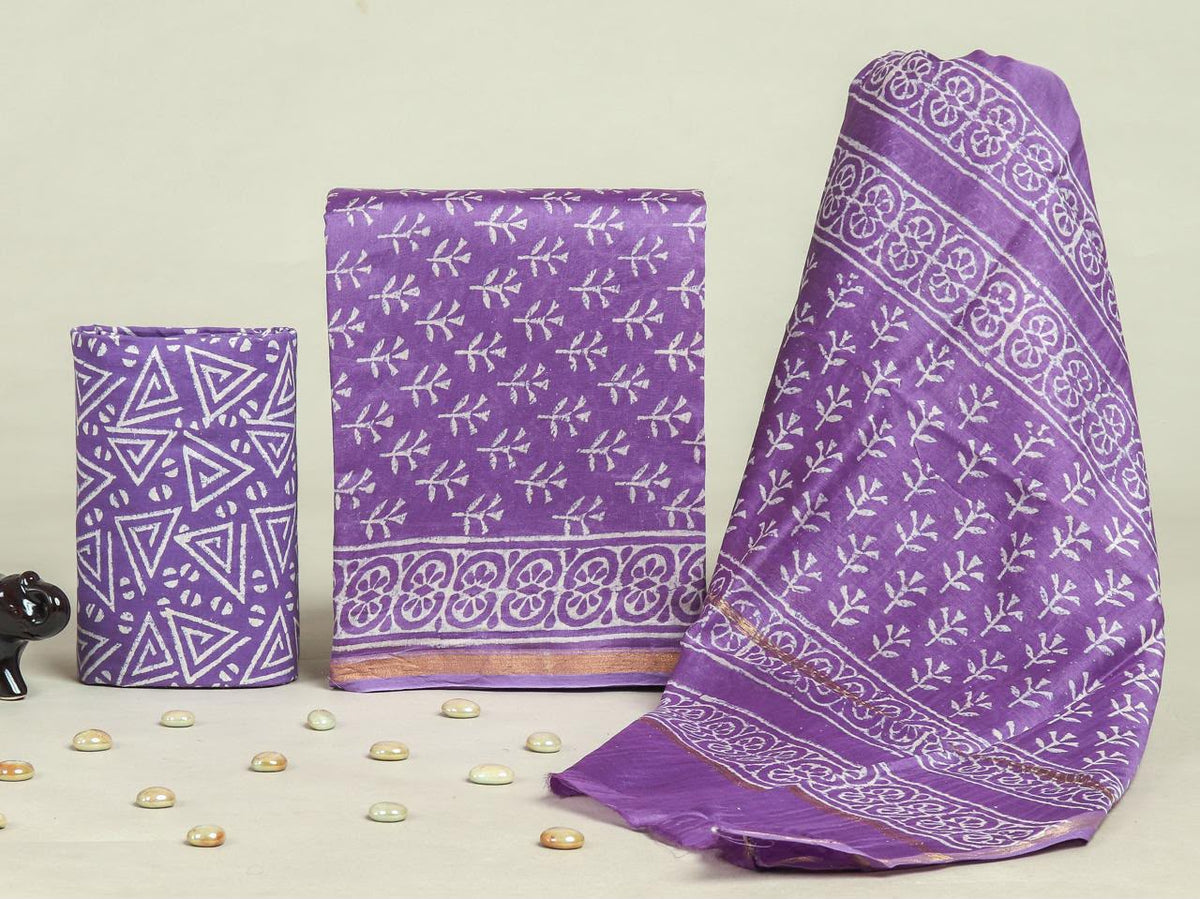 TRADITIONAL HAND BLOCK CHANDERI SILK SUIT SET WITH CHANDERI DUPATTA (CHDYS242)