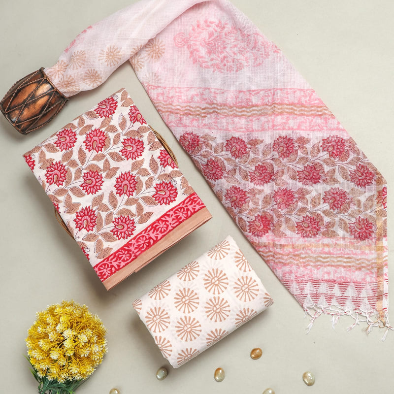 APPEALING FLORAL HAND BLOCK PRINT COTTON SUIT WITH KOTA DORIA DUPATTA (3CKDYS240)