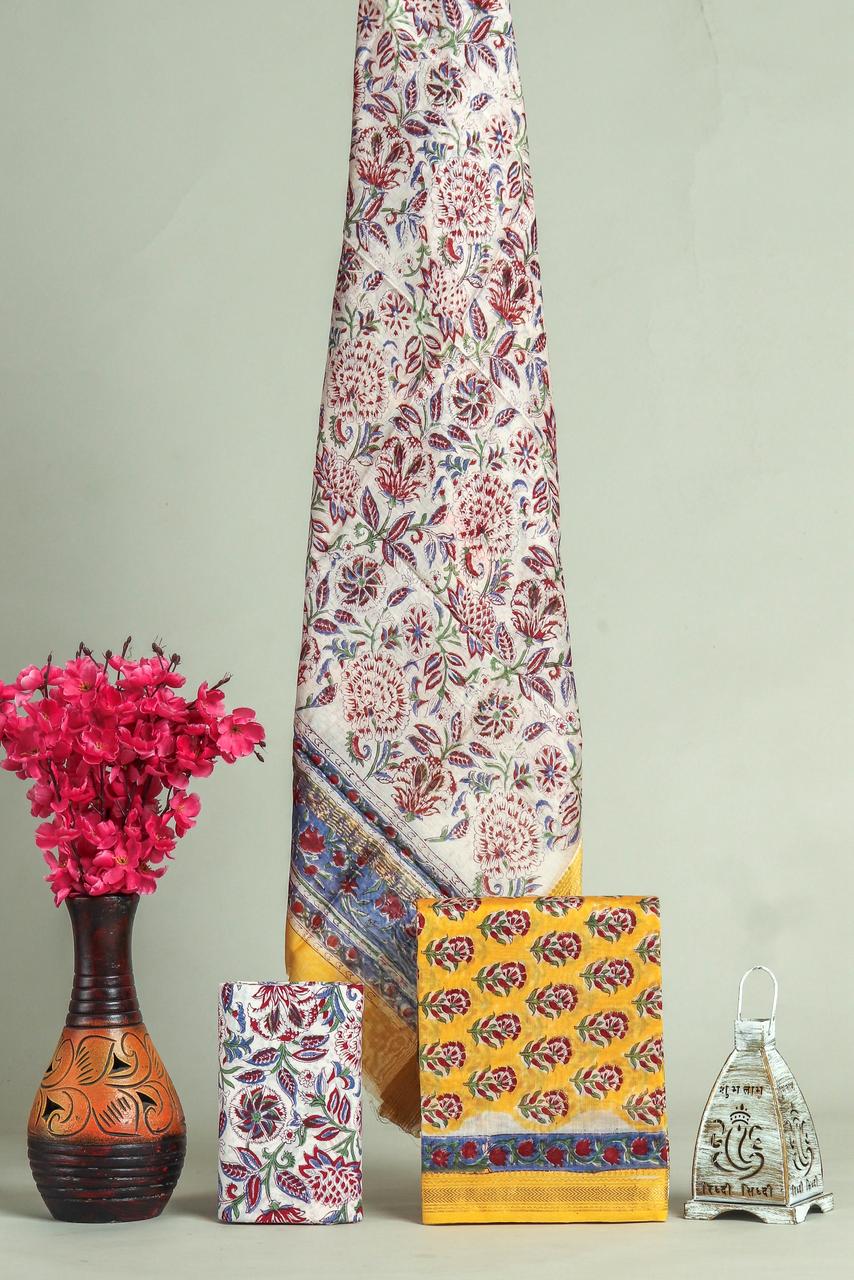 Designer Hand Block Print Maheshwari Silk Suit Set  (MSLYS19)