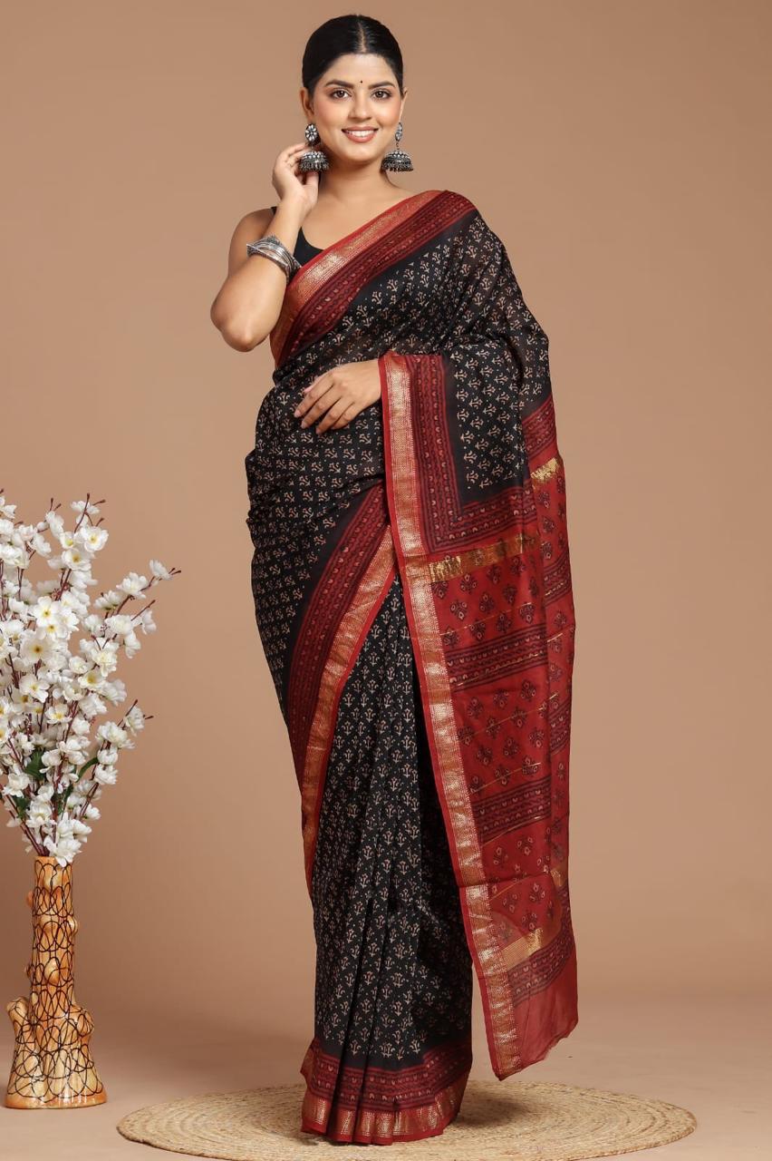 DESIGNER HAND BLOCK AJRAK  PRINTED MAHESWARI SILK SAREE ( MSYS15)