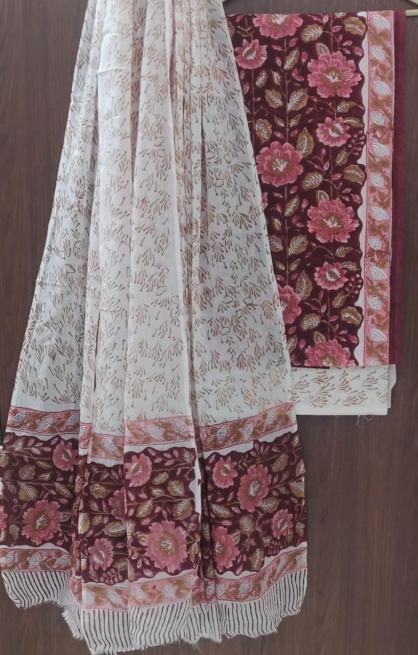 ELEGANT AND BLOCK PRINT PURE COTTON SUIT WITH COTTON MULMUL DUPATTA(MALYS329)