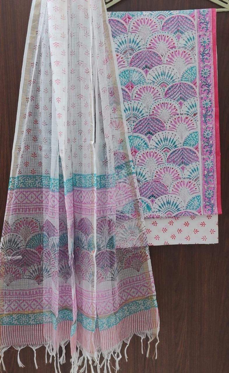 DESIGNER HAND BLOCK PRINT PURE COTTON SUIT  WITH KOTA DORIA DUPATTA (3CKDYS21)