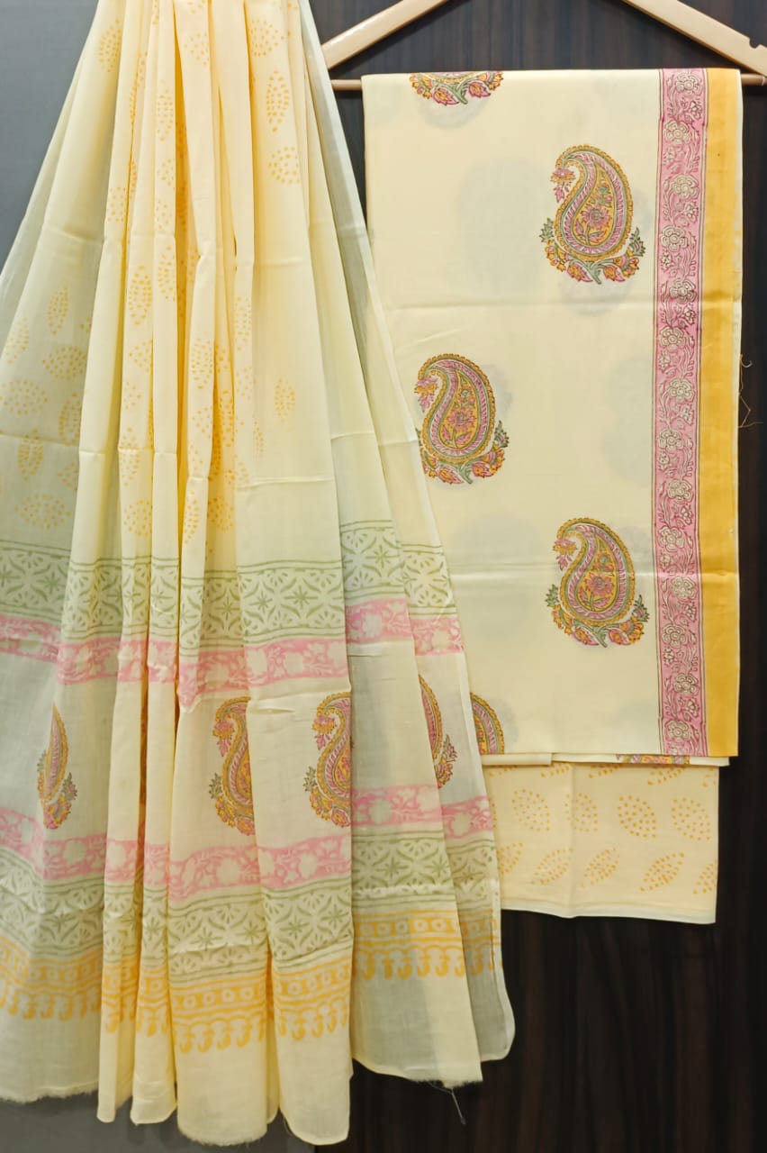 DESIGNER HAND BLOCK PRINT COTTON SUIT SET WITH MULMUL DUPATTA (MALYS320)