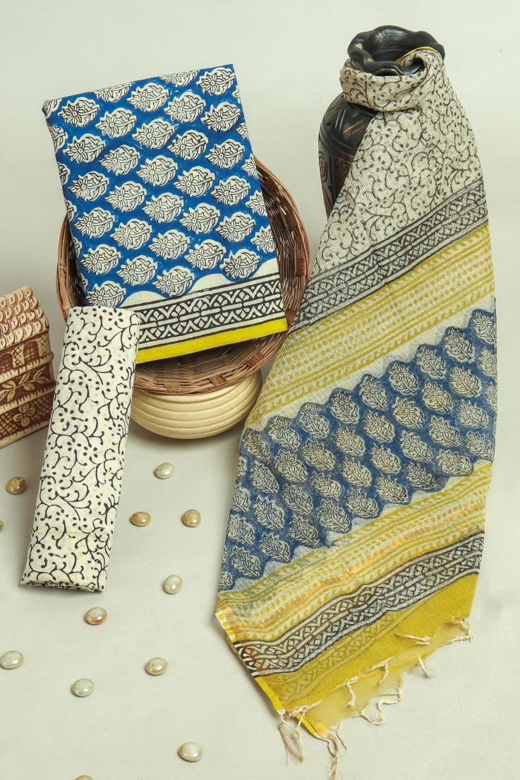 DESIGNER HAND BLOCK PRINT PURE COTTON SUIT MATERIAL WITH KOTA DORIA DUPATTA (3CKDYS35)