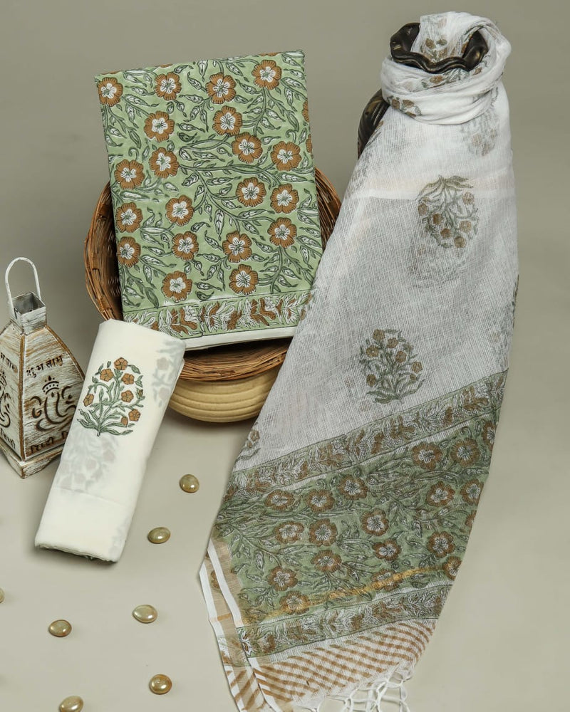 Designer Hand Block Print Pure Cotton Suit Material with Kota Doria Dupatta (3CKDYS17)
