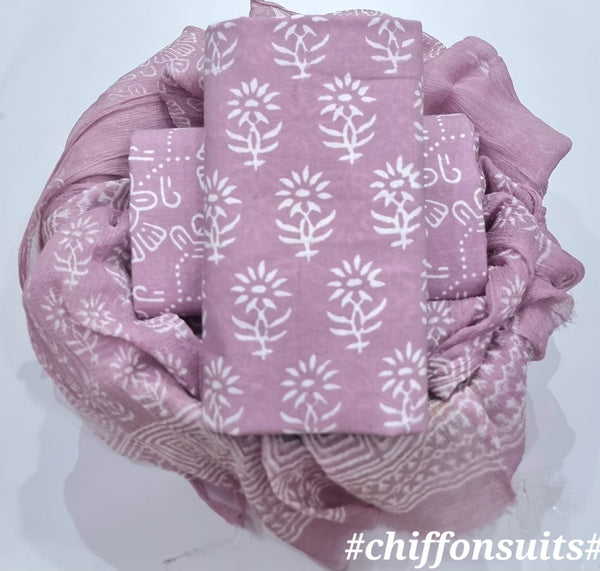 EXCLUSIVE HAND BLOCK PRINT PURE COTTON SUIT WITH CHIFFION DUPTTA (PCHFYS75)