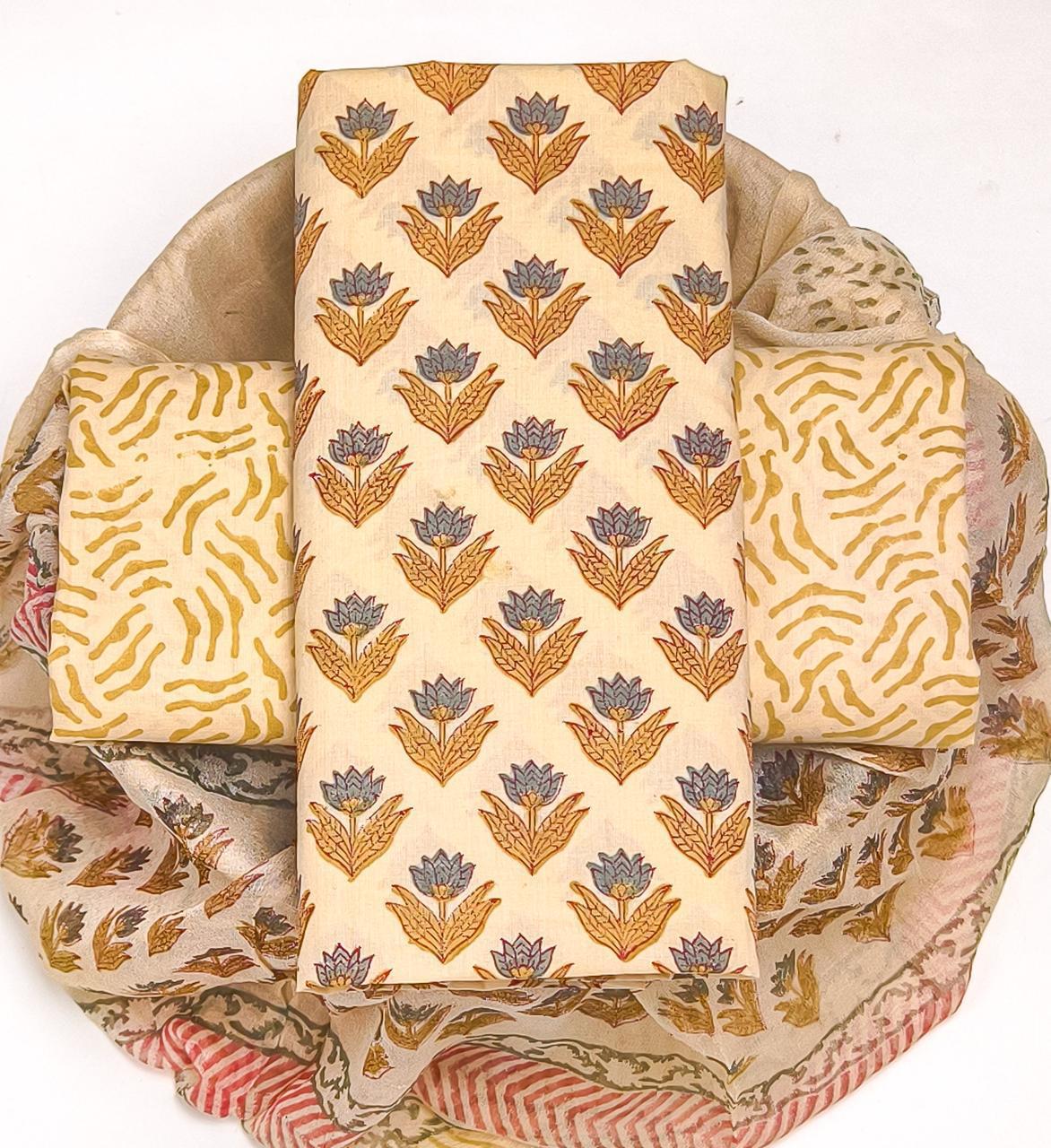 Traditional HAND BLOCK PRINT PURE COTTON SUIT WITH CHIFFION DUPTTA (PCHFYS67)