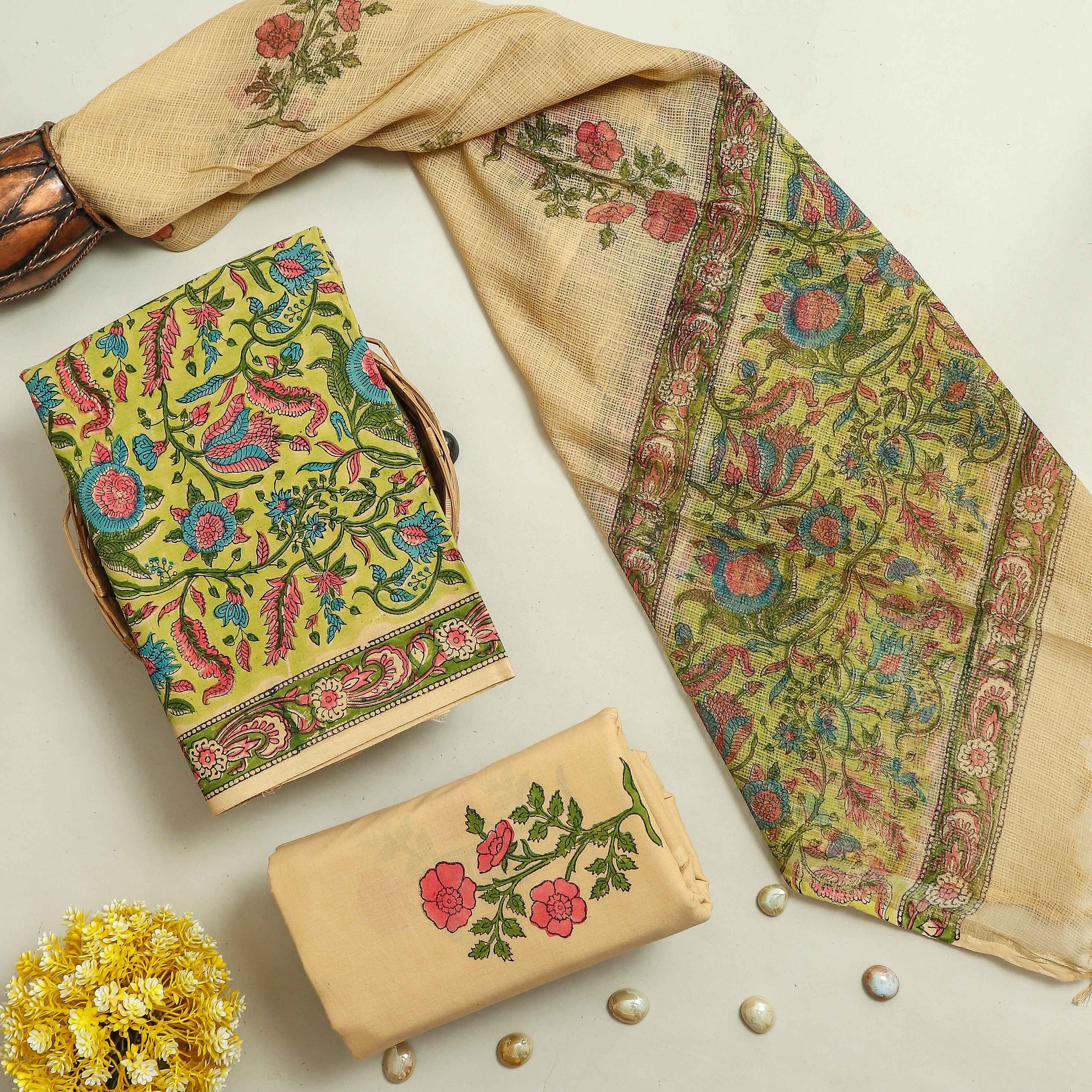 EXCLUSIVE HAND BLOCK PRINT PURE COTTON SUIT MATERIAL WITH KOTA DORIA DUPATTA (3CKDYS91)