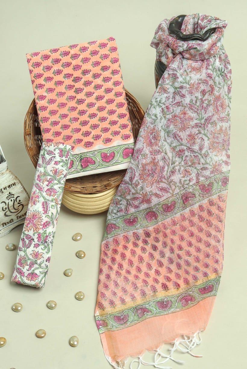 DESIGNER HAND BLOCK PRINT PURE COTTON SUIT MATERIAL WITH KOTA DORIA DUPATTA (3CKDYS81)