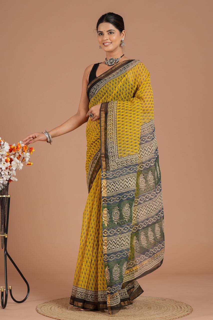 DESIGNER HAND BLOCK PRINTED KOTA DORIYA SILK SAREE(KDSYS23)
