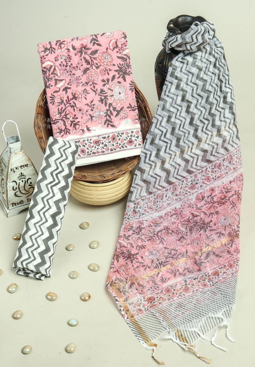 EXCLUSIVE HAND BLOCK PRINT PURE COTTON SUIT MATERIAL WITH KOTA DORIA DUPATTA (3CKDYS91)
