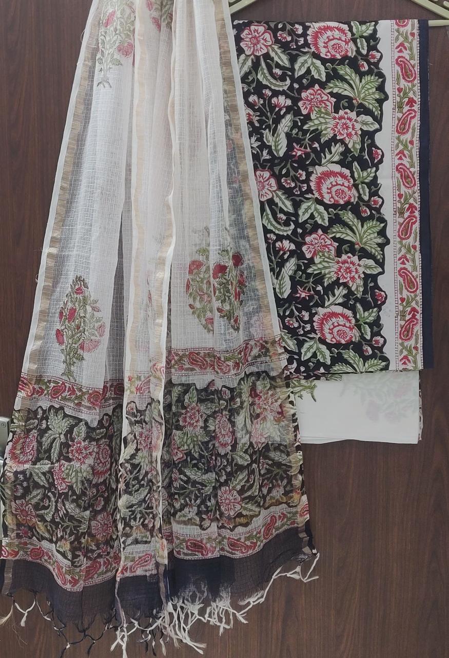 Designer Hand Block Print Pure Cotton Suit Material with Kota Doria Dupatta (3CKDYS13)