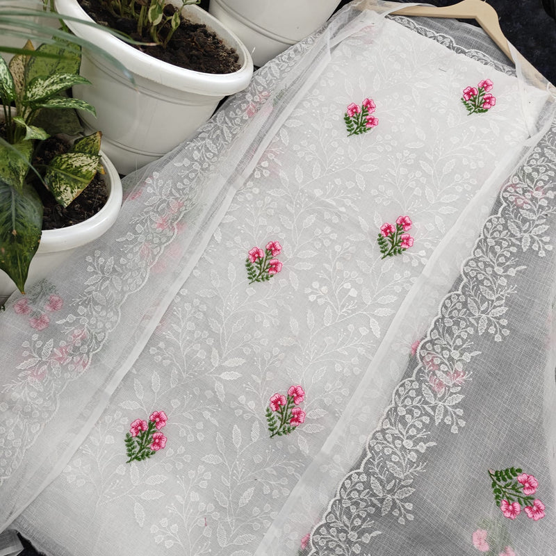 Beautiful Kota Doria Suit In White Colour With Pink Embroidery Work (FKDYS74)