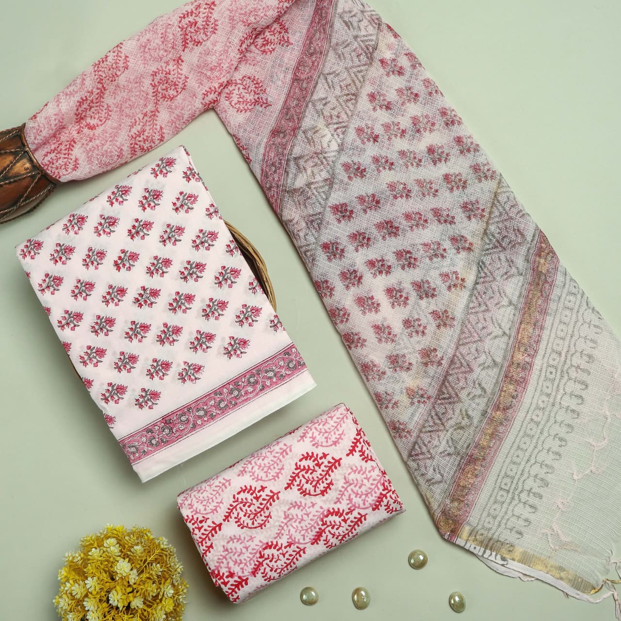 TRADITIONAL HAND HAND BLOCK PURE COTTON SUIT WITH KOTA DORIA DUPATTA (3CKDYS127)