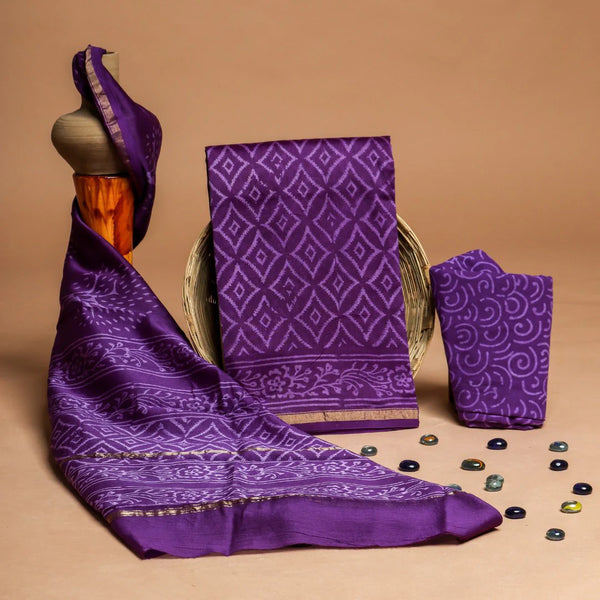 DESIGNER HAND BLOCK PRINT CHANDERI SILK SUIT SET WITH PREMIUM CHANDERI DUPATTA (CHDYS49)