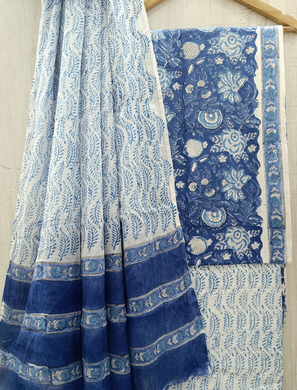 FLORAL JAAL HAND BLOCK PRINT COTTON SUIT SET WITH MULMUL DUPATTA (MALYS299)