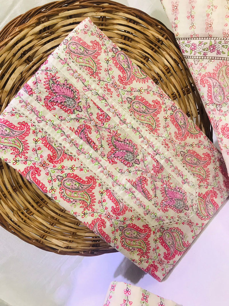 JAIPURI PRINTED COTTON NECK WORK SUITS WITH MULMUL DUPATTA  (GOTAYS14)