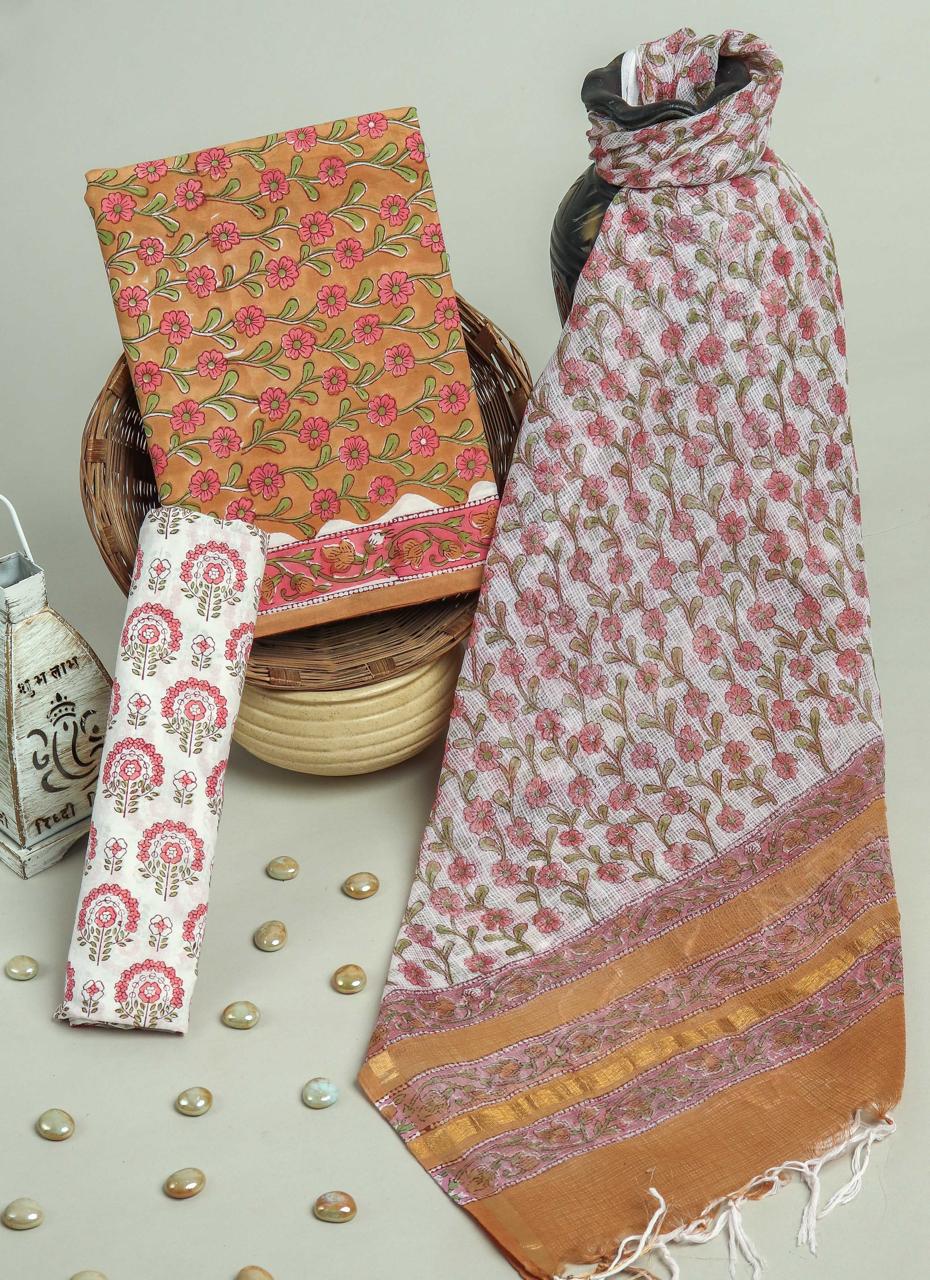 FLORAL HAND BLOCK PRINT PURE COTTON SUIT WITH DORIA DUPATTA(3CKDYS274)
