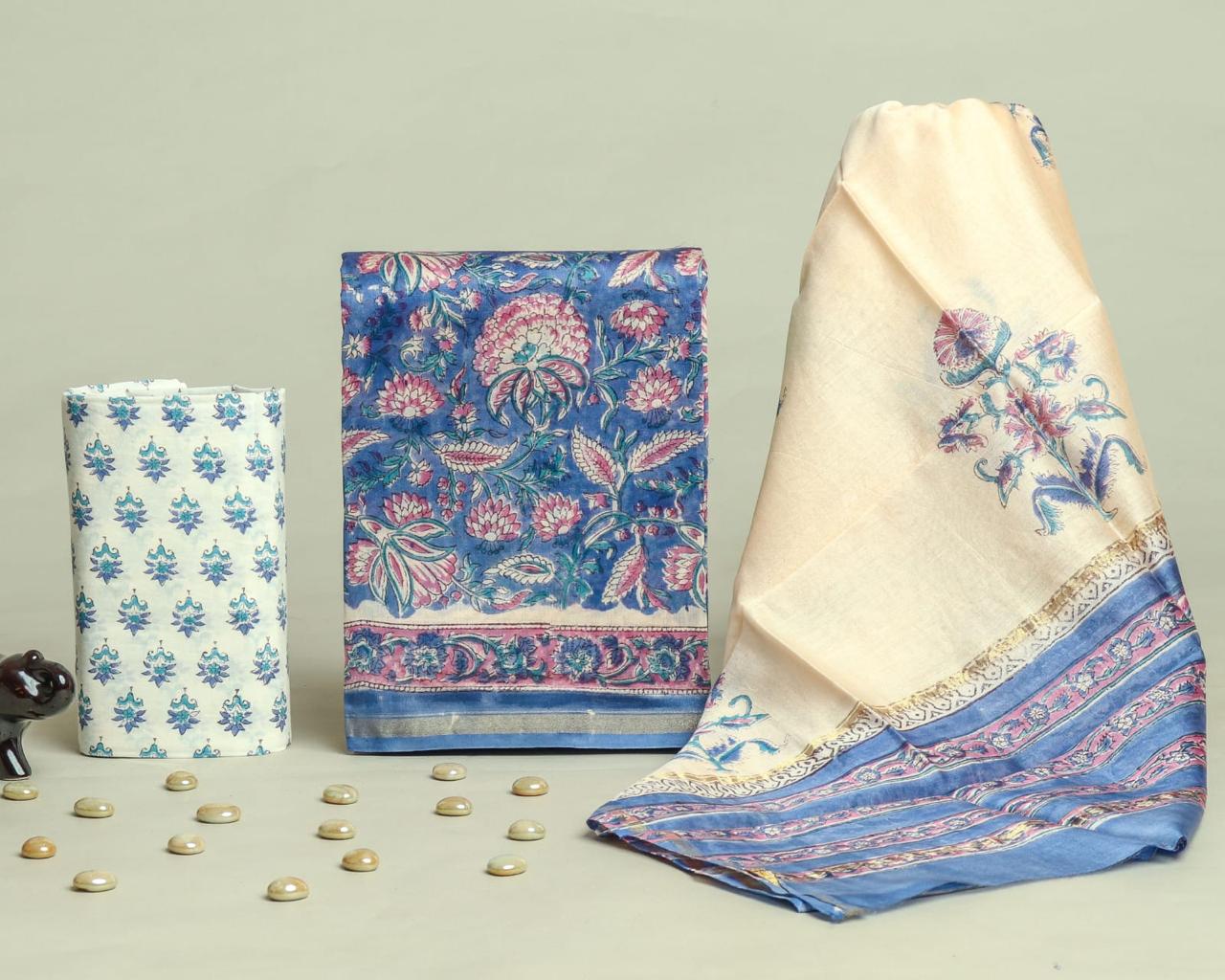 DESIGNER HAND BLOCK PRINT CHANDERI SILK SUIT SET WITH PREMIUM CHANDERI DUPATTA (CHDYS298)