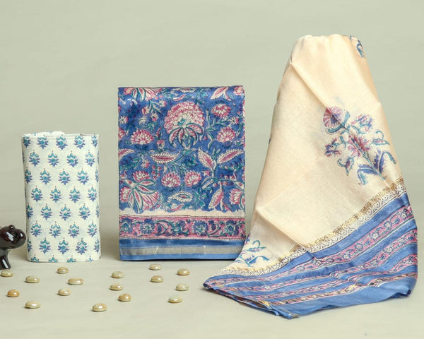 DESIGNER HAND BLOCK PRINT CHANDERI SILK SUIT SET WITH PREMIUM CHANDERI DUPATTA (CHDYS298)